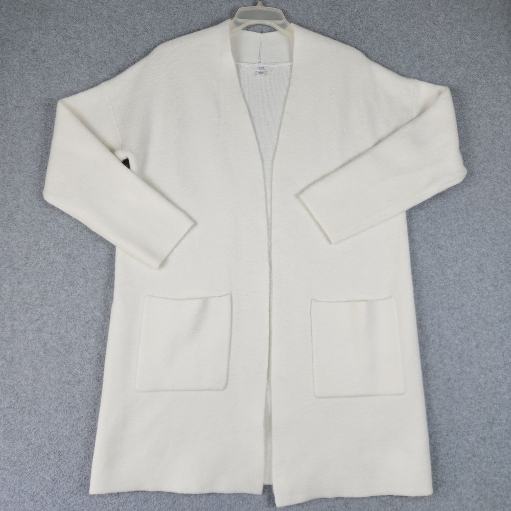 Time and Tru Longline Cardigan Womens Large White Pockets Classic Fit Open Front
